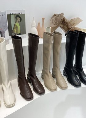 Long boots for women in autumn winter, thick heels mid shoes