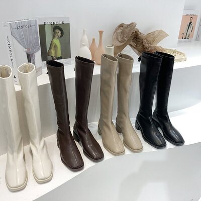 Long boots for women in autumn winter, thick heels mid shoes