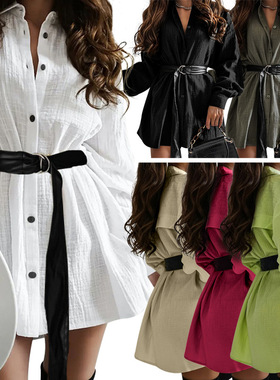 Solid color lapel belt long sleeved women's long shirt top