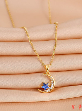 蓝宝石星星月亮项链女轻奢款高级感小众设计感ins风小清新锁骨链