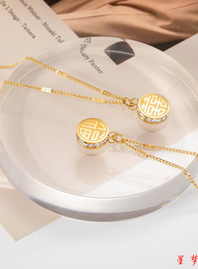 18K金色喜字福牌满钻项链锁骨链颈链毛衣链国潮福字首饰女配饰