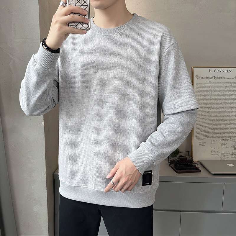 春秋新款男士纯色假两件圆领卫衣