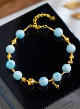 石秀堂天然海纹石爱心s925银镀金手链手串气质正品饰品【带证书】