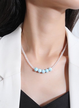 【带鉴定证书】原创设计天然海纹石项链女款单圈海蓝色锁骨链正品