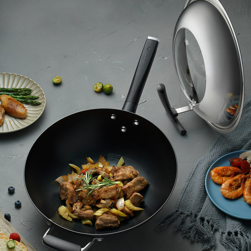 爱仕达油你控尖底大翻炒爆炒铁锅无涂层锈不了精铁炒锅 干烧同款