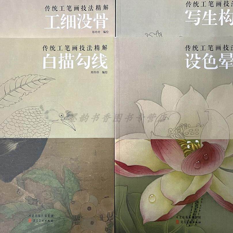 中国传统工笔画技法精解4册郑玲玲绘国画绘画技巧白描勾画+写生构图+工细没骨+设色晕染美术生练习参考作品范例线描步骤河北美术