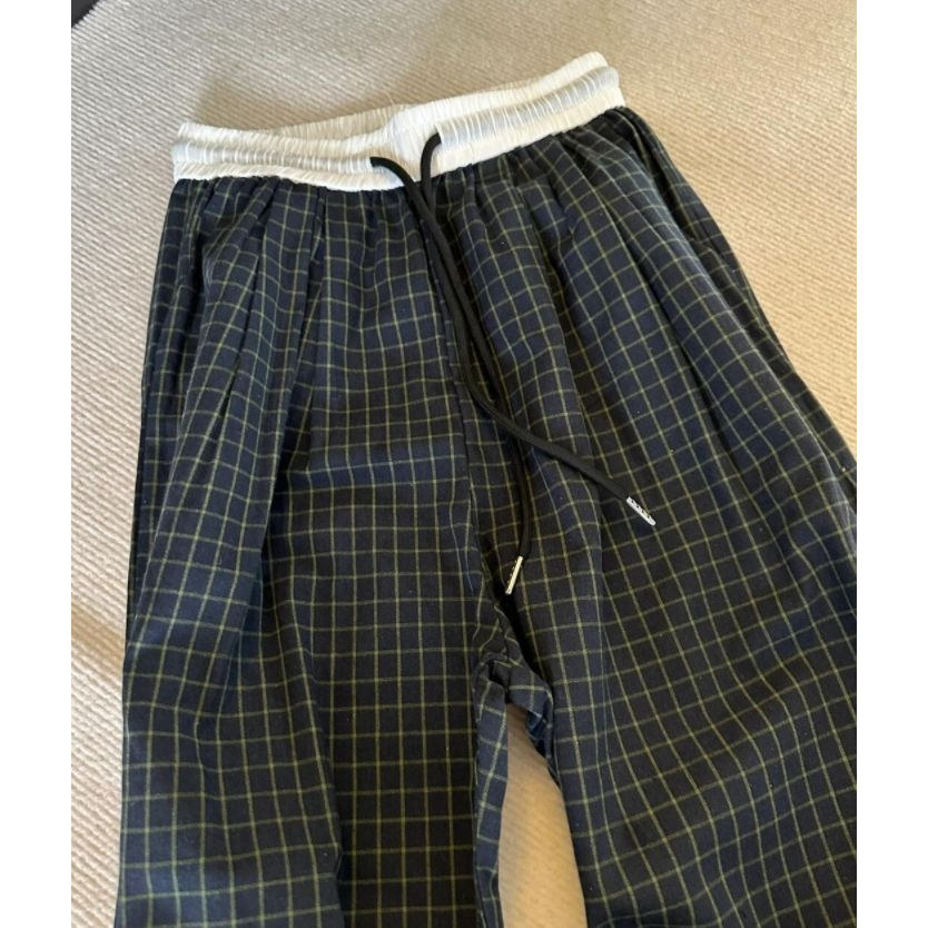 韩系简约格子撞色拼接阔腿裤女夏季薄款高腰宽松慵懒休闲直筒长裤