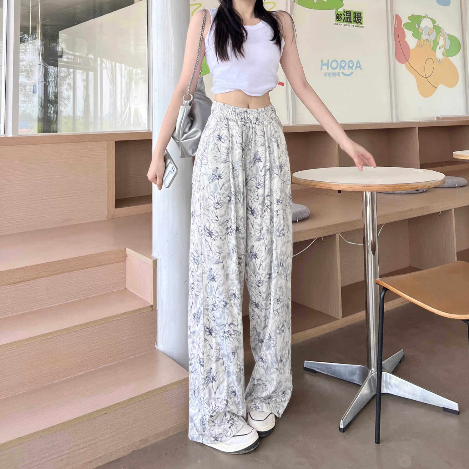 水墨扎染印花阔腿裤女夏季2024新款高腰垂感宽松慵懒风直筒休闲裤