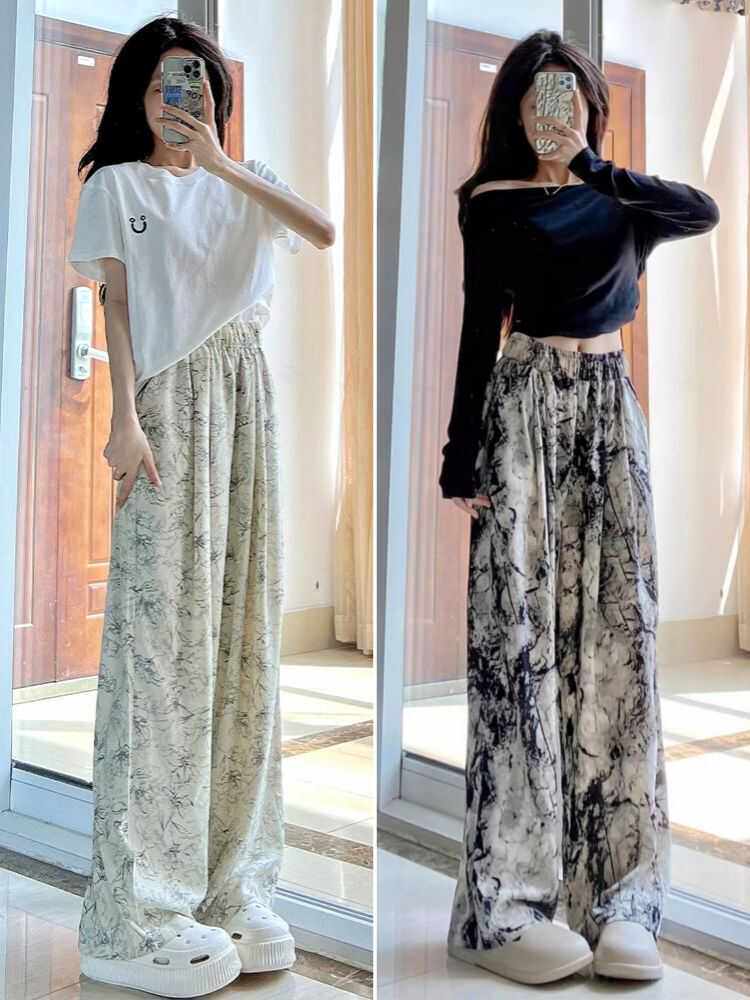 大码女装2024年夏季新款胖mm高腰显瘦直筒阔腿裤印花休闲长裤子潮
