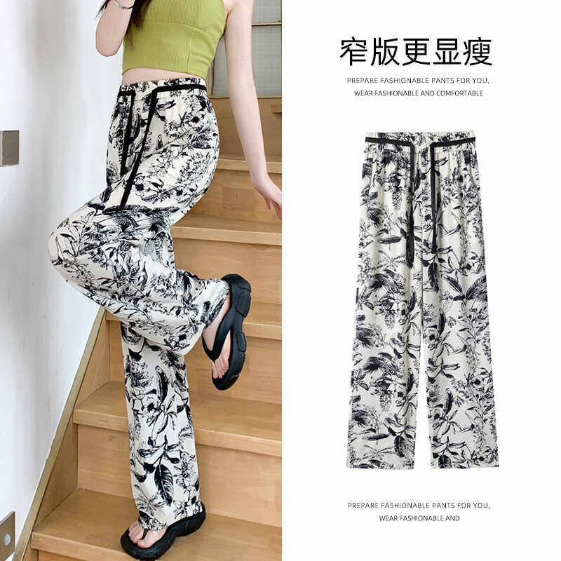 窄版阔腿裤女夏季薄款2024新款高腰垂感小个子直筒印花休闲拖地裤