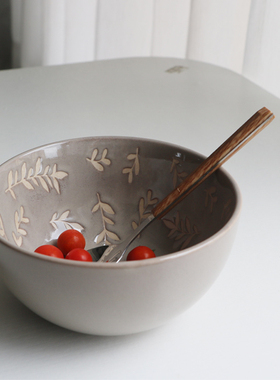 北欧浮雕树叶子5.5寸家用陶瓷面碗中号汤碗灰色碗大号饭碗微瑕疵