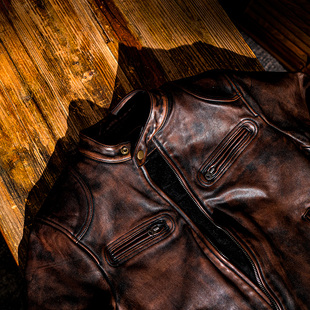 男士茶芯马皮水洗褪色做旧立领拉链男士真皮皮衣外套 机车G2062