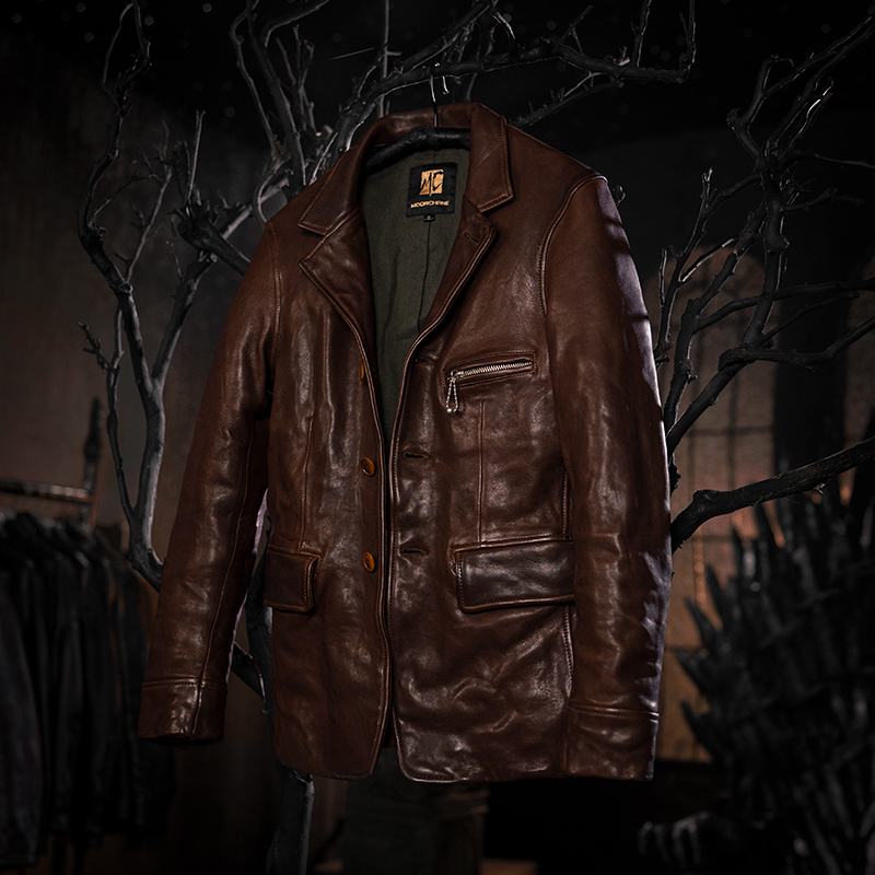 莫臣绵羊皮男皮衣西装领夹克修身