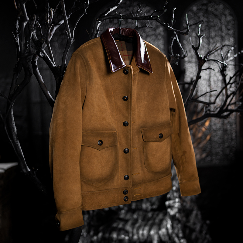 反绒莫臣复古皮衣翻领短款真皮