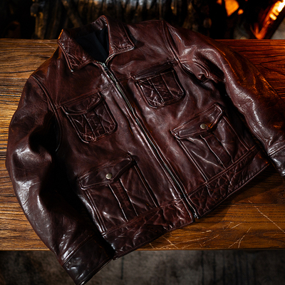 莫臣重工植鞣羊皮男士复古做旧杰森同款多口袋翻领皮衣外套2081