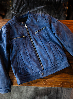 莫臣男装雪花洗蓝色绒面真皮皮衣复古做旧牛皮立领外套春秋PF2426