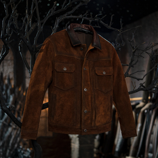 翻领修身 莫臣男装 头层牛皮反绒男士 短款 皮夹克 真皮皮衣F506美式