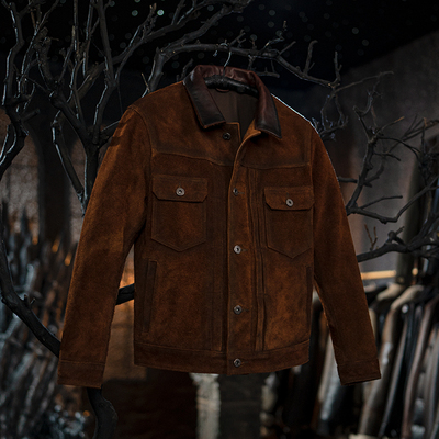 真皮莫臣复古翻领短款皮夹克