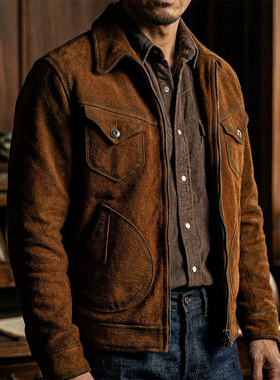 斑驳做旧黄~莫臣男装翻领头层牛皮反绒重水洗旧化工艺PF62