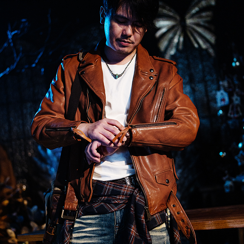 莫臣男士焦糖色植鞣牛皮真皮皮衣西装领涂污做旧机车夹克AN2399