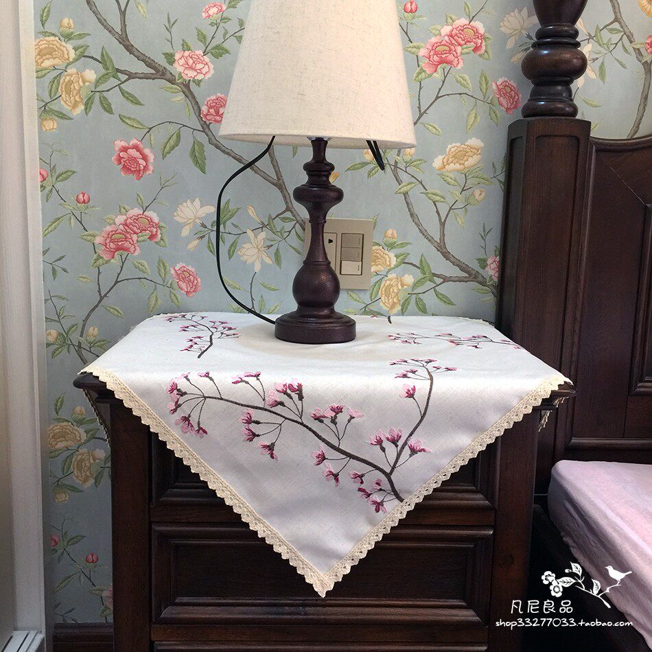 미국 중국 스타일의 목가적 인 면화와 린넨 수 놓은 침대 옆 테이블 코너 테이블 TV 전자 레인지 워터 디스펜서 방진 커버 천