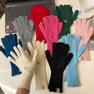 韩系蝴蝶结刺绣针织分指手套女冬季 骑车五指防寒露指触屏保暖护手