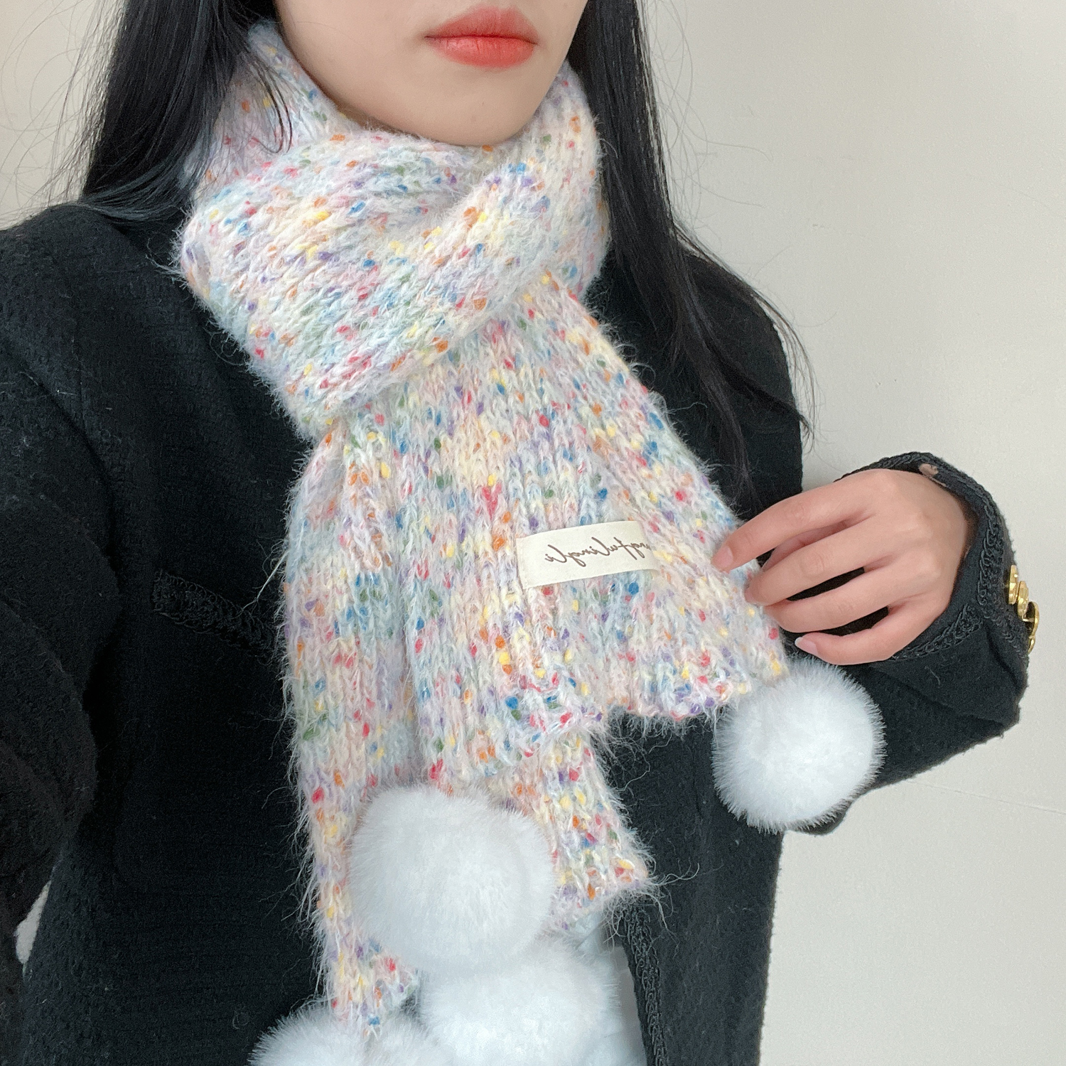 多巴胺糖豆球球针织毛线围巾女秋冬季保暖防寒高级感防风护颈围脖