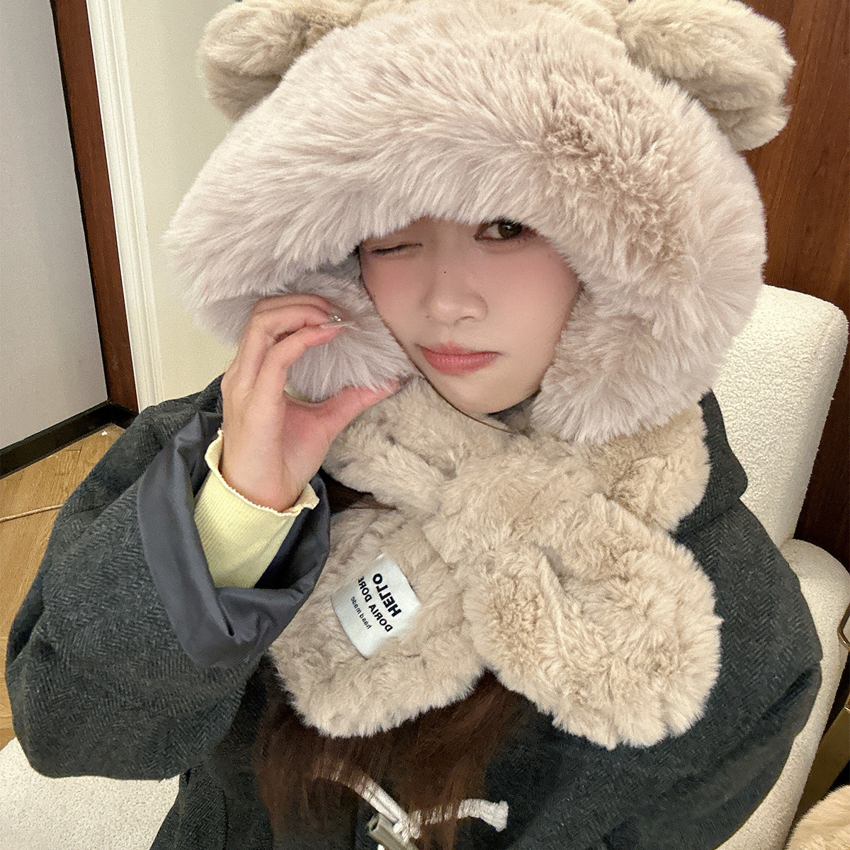 可爱小熊耳朵毛绒帽围巾一体女冬季韩版百搭显脸小保暖护耳雷锋帽,服饰配件/皮带/帽子/围巾,二件套,淘宝优惠券,粉丝福利购,淘宝优惠卷