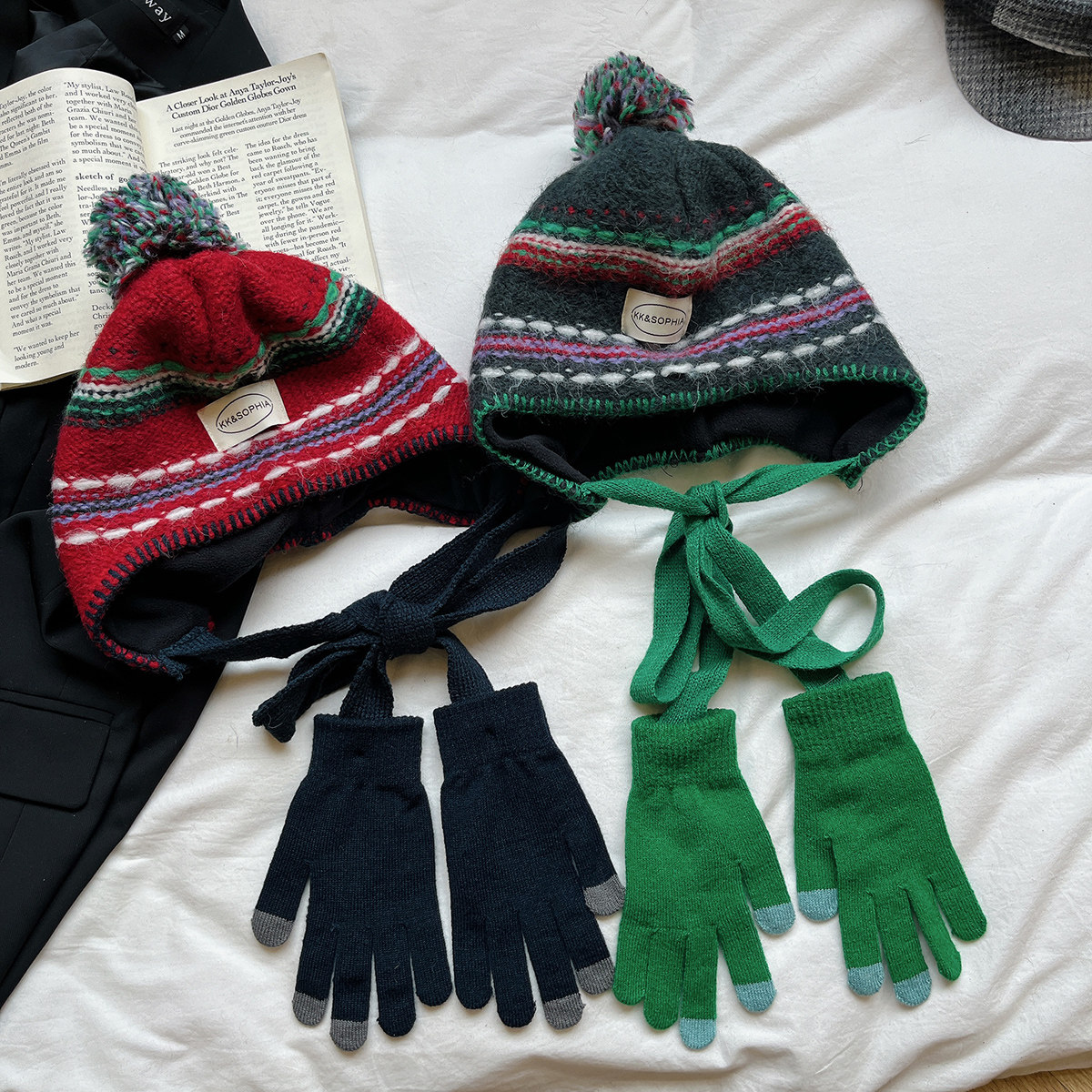 复古费尔岛风护耳毛线帽子女冬季保暖百搭显脸小雷锋帽可拆卸手套