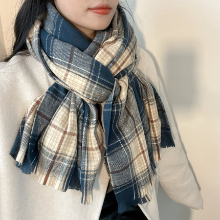 蓝色系冬季格子款韩版百搭围巾女高级感防风保暖护颈多功能围脖潮