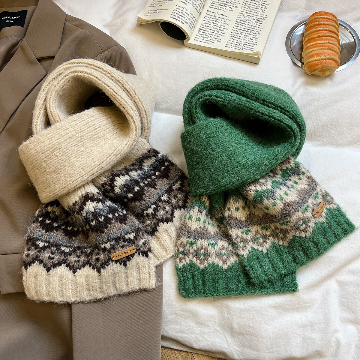 费尔岛提花针织毛线围巾女2025年冬季圣诞氛围感保暖百搭护颈围脖,服饰配件/皮带/帽子/围巾,围巾/丝巾/披肩,淘宝优惠券,粉丝福利购,淘宝优惠卷