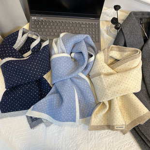 30%羊毛围巾女秋冬韩版 百搭小波点小围巾高级感毛线保暖护颈围脖