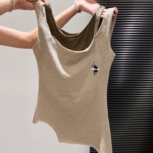小馬刺繡假兩件撞色吊帶背心女夏外包老錢風復古修身 上衣 顯瘦無袖