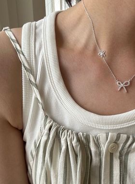 925纯银蝴蝶结镶钻项链女简约亮银色韩国银饰品甜美可爱0439g