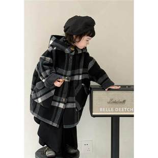 韩国波拉专柜羊绒大衣男童女童2025冬连帽中长款双面穿外套