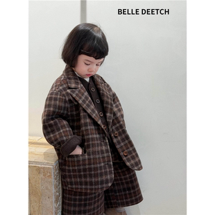 韩国波拉专柜羊绒大衣男童女童2025冬格子西装双面穿小小童外套