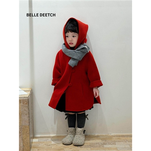 韩国波拉专柜羊绒大衣男童女童2025冬小小童外套红色年服双面羊绒