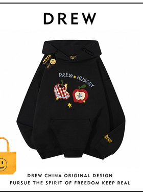 Drew美式潮牌苹果重磅纯棉连帽加绒卫衣男女同款宽松情侣帽衫外套