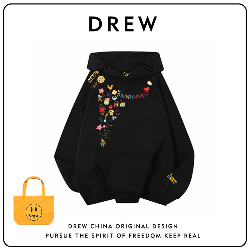 drew美式潮牌卡通涂鸦印花连帽卫衣男女情侣秋冬宽松加绒帽衫外套