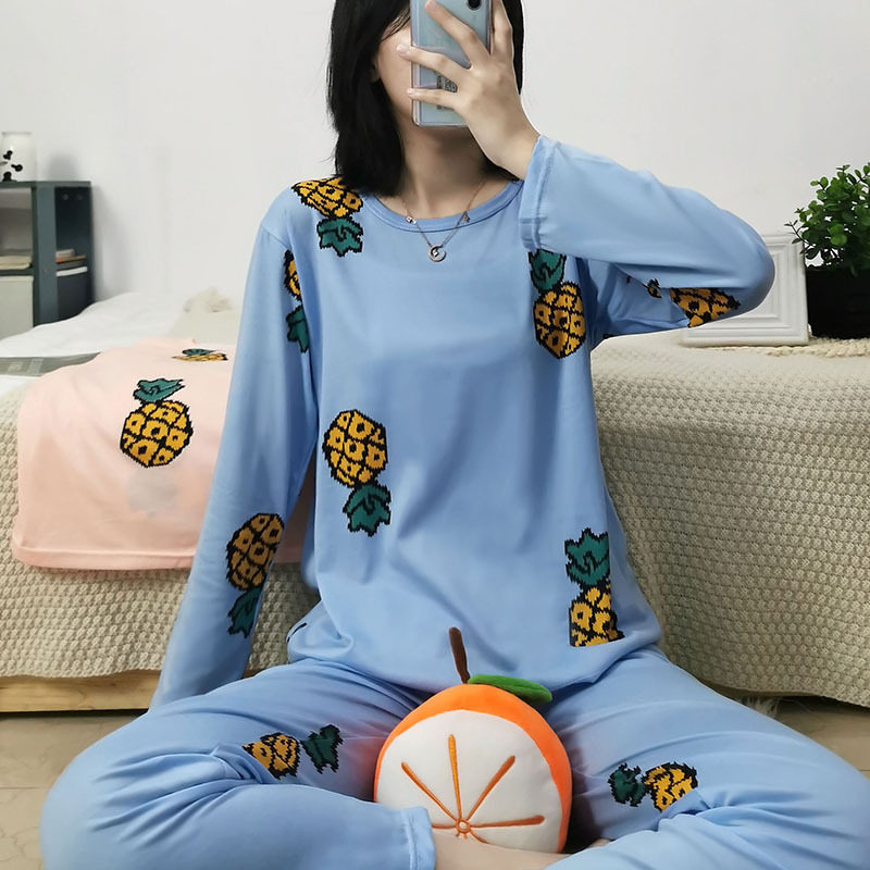 睡衣女春秋季薄款田园风菠萝圆领长袖长裤简约休闲家居服套装
