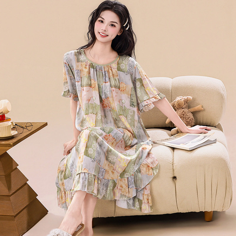 2026春夏季新款油画风睡裙女棉绸宽松大码荷叶边短袖家居服连衣裙