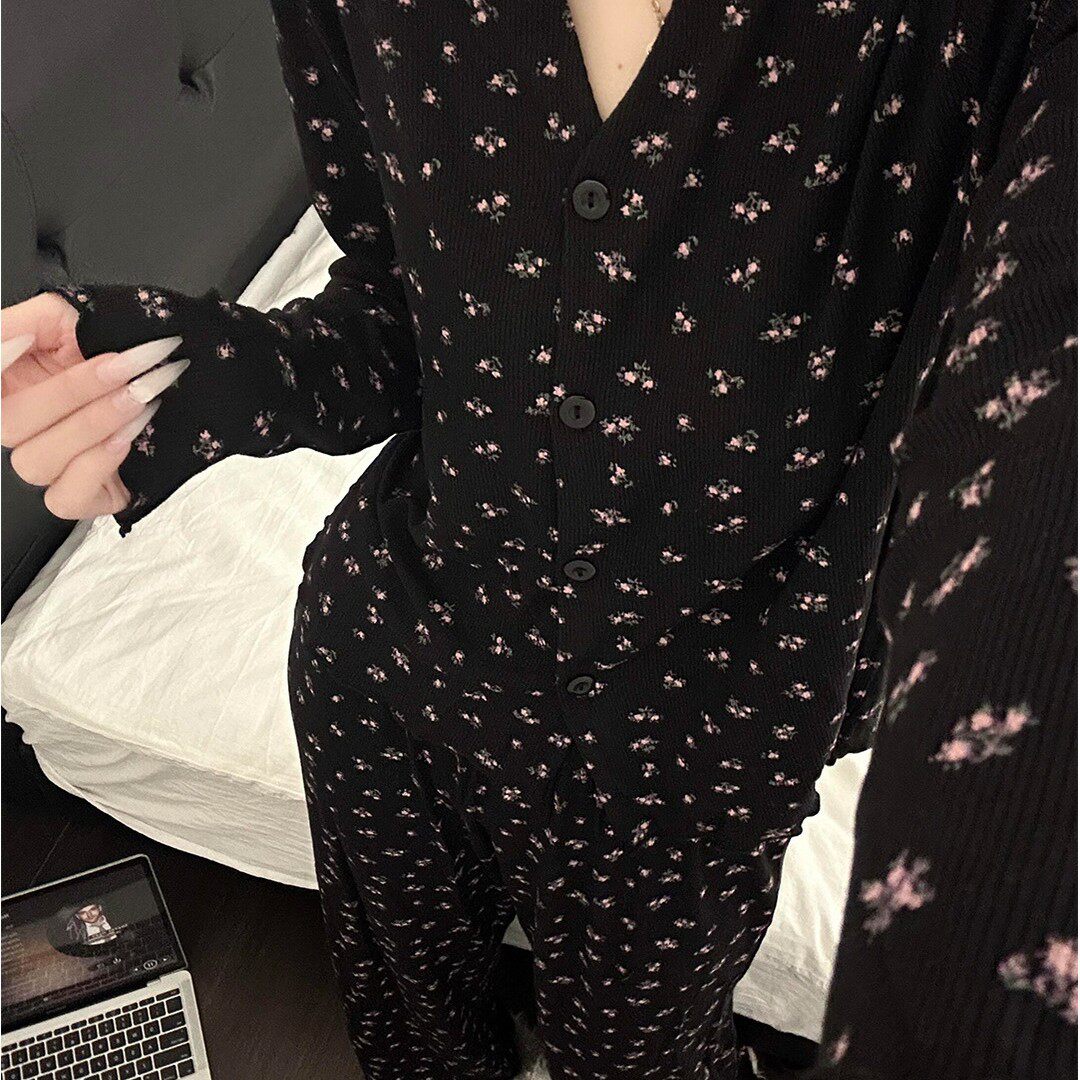 韩系黑色碎花长袖开衫睡衣女春秋季新款2026大码舒适家居服两件套