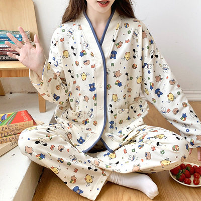 ins可爱卡通睡衣女春秋季开衫长袖可外穿学生秋冬开衫套装家居服