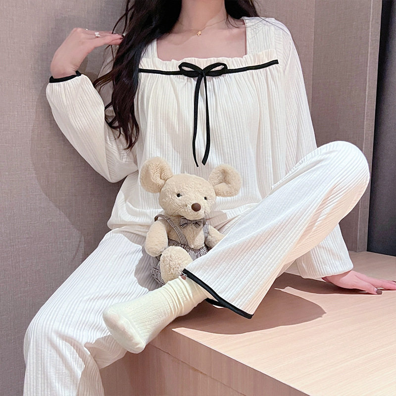 2026新款直播春季牛奶丝长袖长裤一字领睡衣女休闲套头家居服