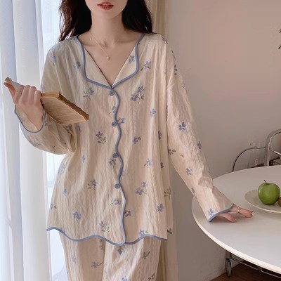 睡衣女春秋季2026长袖秋季碎花开衫宽松日系大码可爱风家居服套装