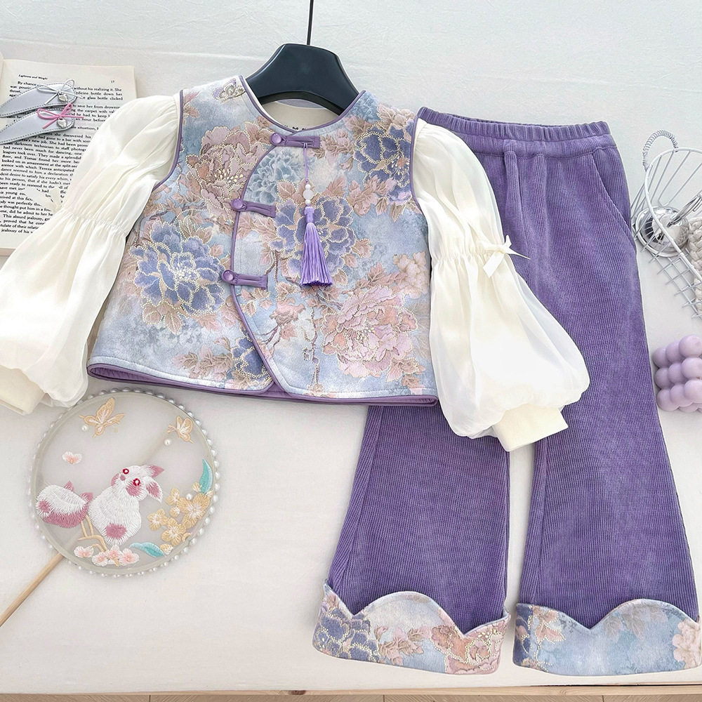 女童国风长裤套装秋季2025新款新中式马甲打底衫微喇叭裤三件套潮