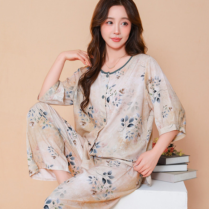 睡衣中袖长裤人造棉绸家居服碎花开衫衣服裤子两件套装
