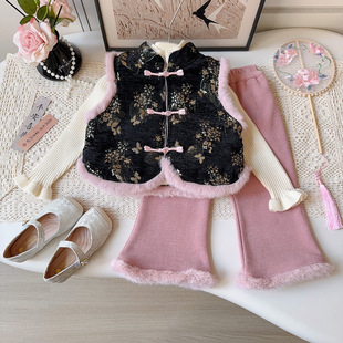 儿童新中式旗袍马甲一体绒裤子冬女童提花国风盘扣毛绒背心拜年服