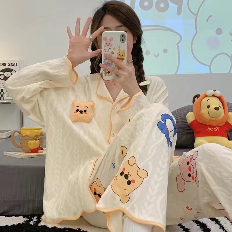新款网红睡衣女春秋款长袖长裤宽松甜美清新可爱居家服ins风套装