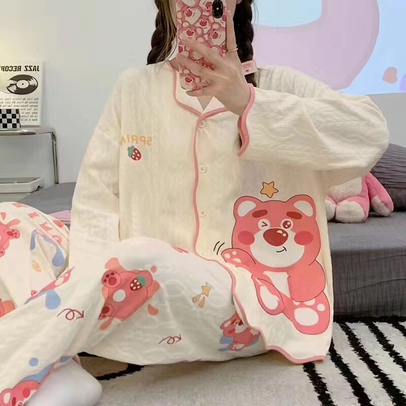 ins风网红新款睡衣女春秋款长袖长裤开衫公主风宽松甜美居家居服